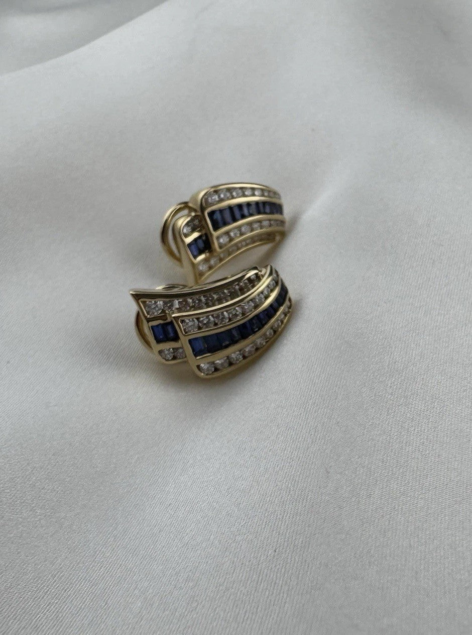 Charles Krypell 18K Yellow Gold Baguette Sapphire & Pave Diamond Earrings 12G