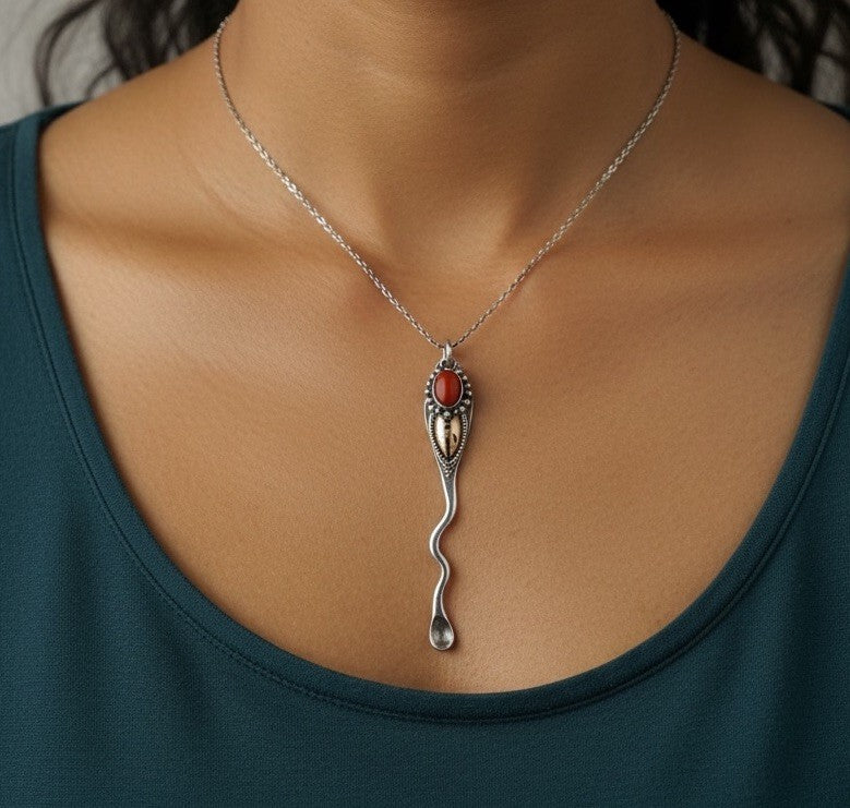 Vintage 925 Sterling Silver Carnelian Pendant 22K Gold Inlay 76mm Artisan Spoon