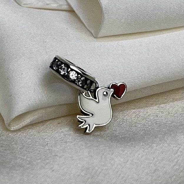 Sterling Silver 925 Enamel Red Heart Dove Peace Love Cubic Zirconia Dangle Charm