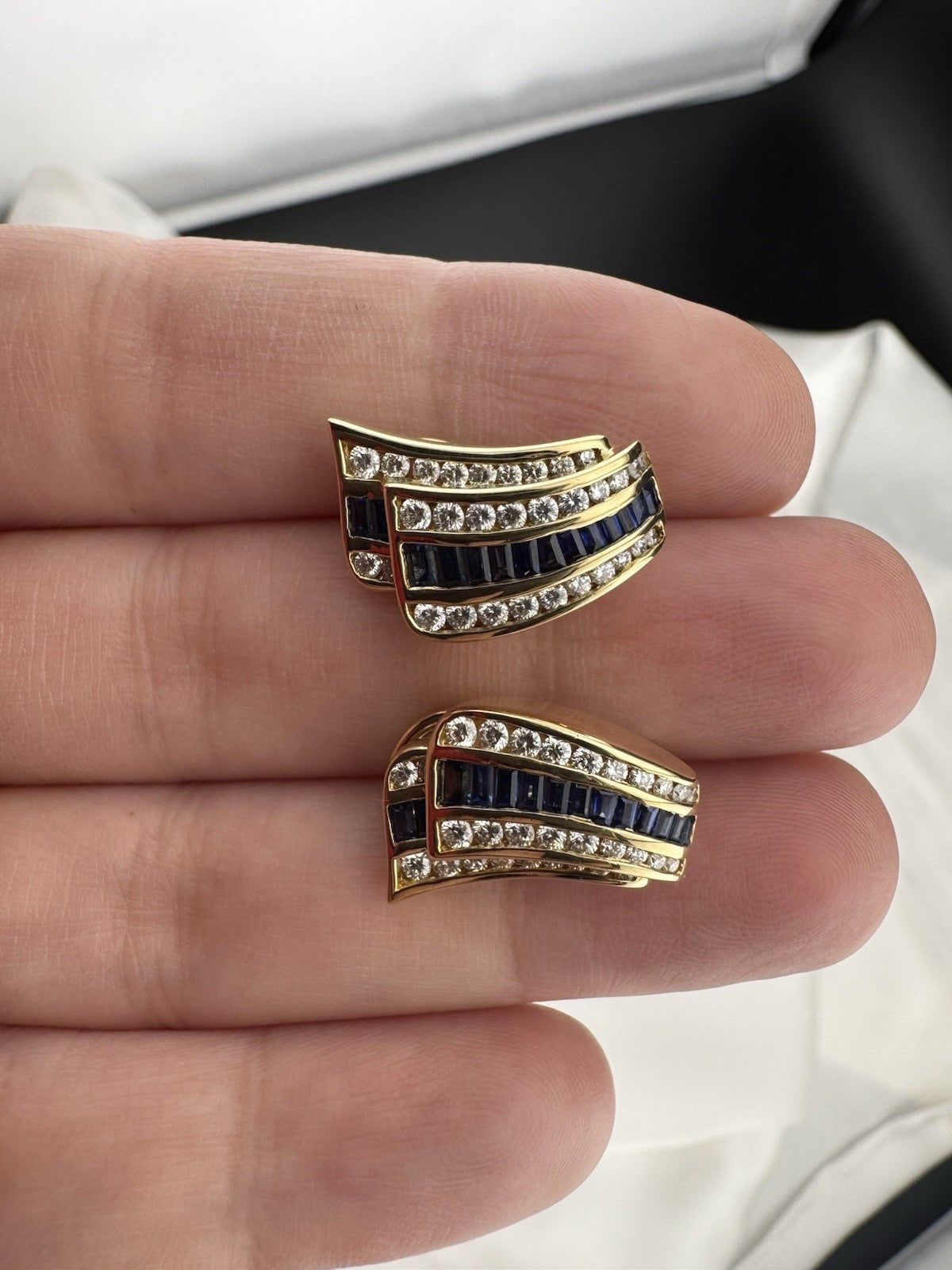 Charles Krypell 18K Yellow Gold Baguette Sapphire & Pave Diamond Earrings 12G