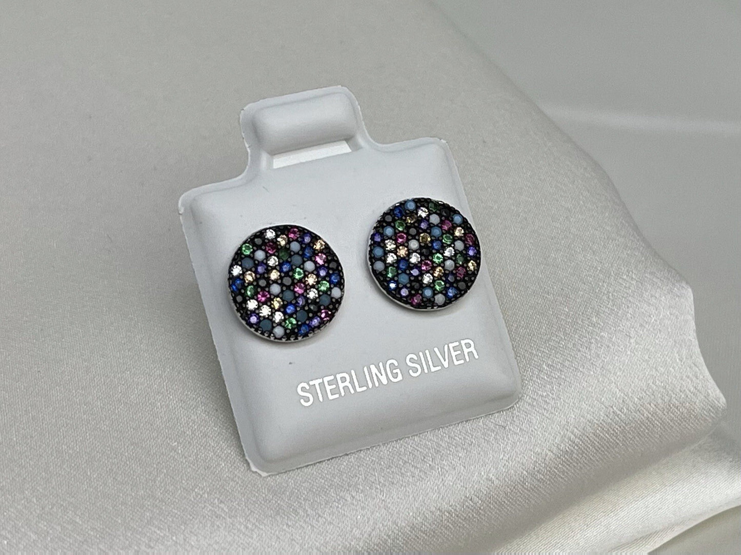 New Sterling Silver 925 10mm Round Stud Earrings Multicolor Cubic Zirconia Stone