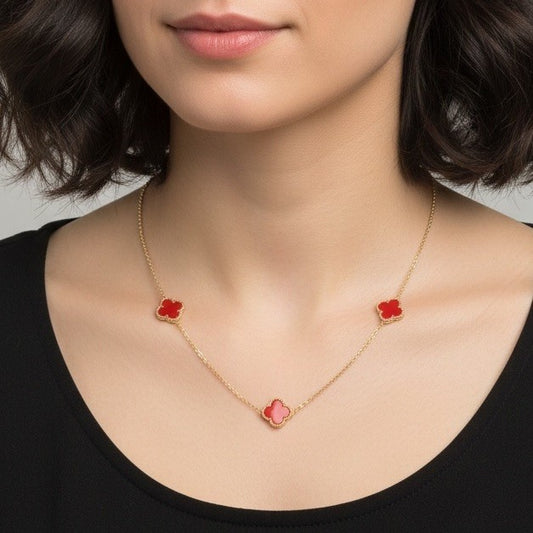 14K Gold Carnelian Sim Stone Lucky Clover Necklace 19.2in Adj 7.3 Gram
