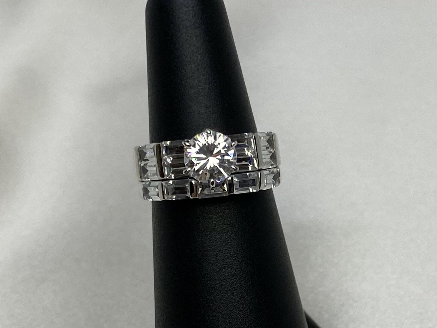 Elegance Stacked Cubic Zirconia Ring Rhodium Plated Sterling Silver 925 Size 6
