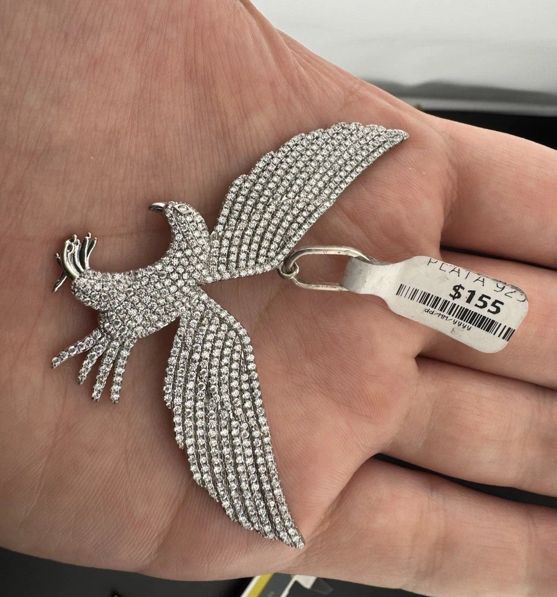 Sterling Silver 925 Flying Eagle Pendant 42.31x65.13mm 16g Sim Diamond Pave Larg