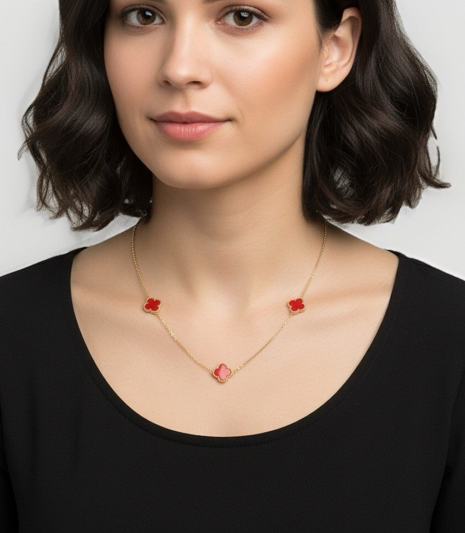 14K Gold Carnelian Sim Stone Lucky Clover Necklace 19.2in Adj 7.3 Gram