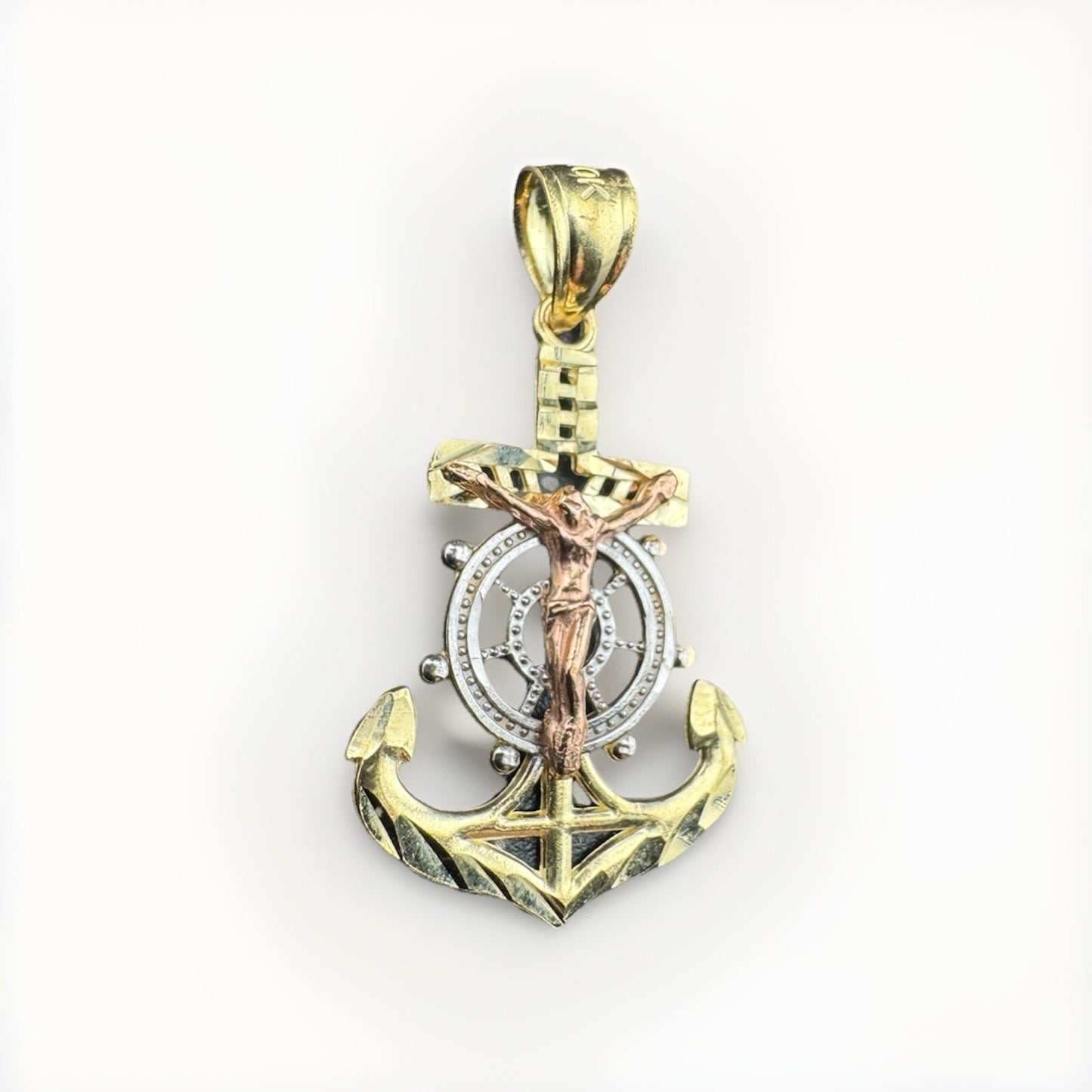 10K Tri Color Gold Jesus Cross Pendant Medium 16x29mm Diamond Cut Anchor Charm