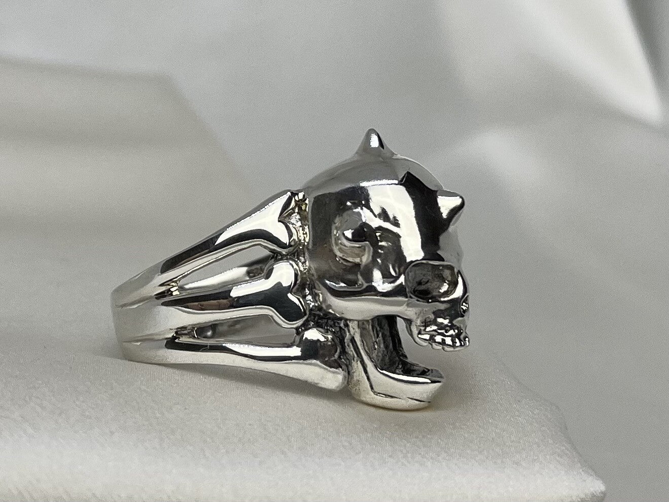 Skull Spikes Biker Warrior 19x28mm Sterling Silver 925 Hand Crafted Ring Sz 13.5