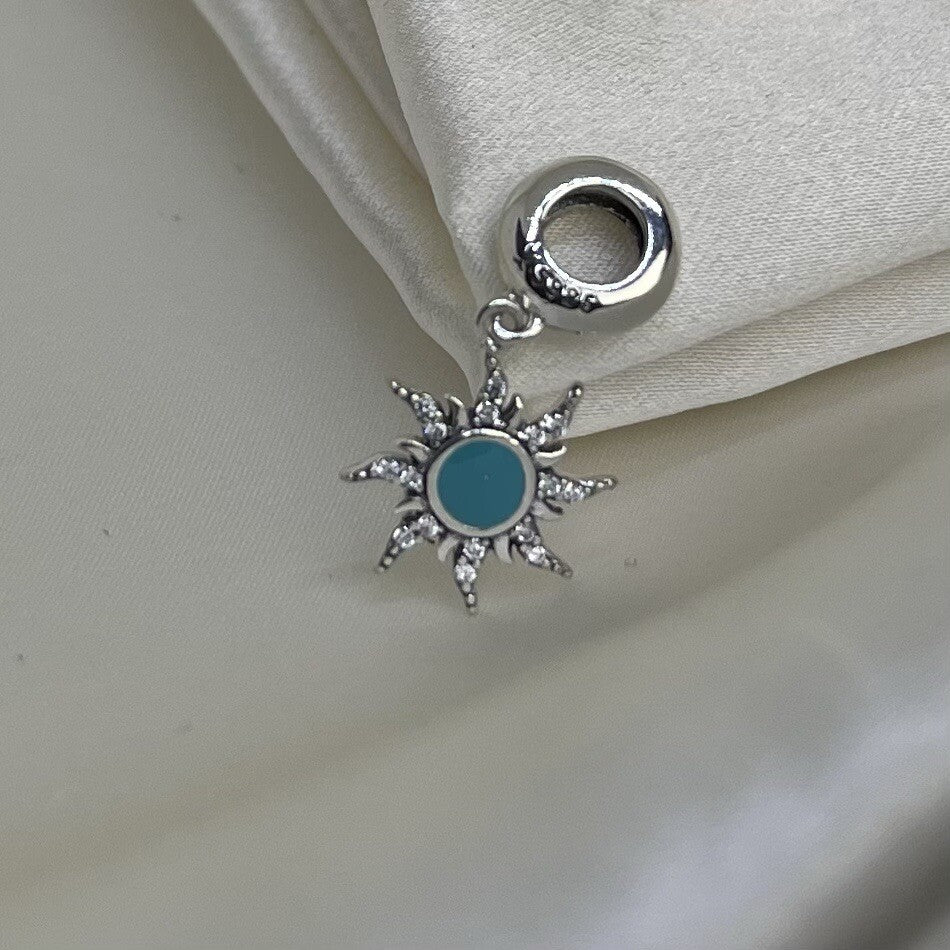 Sterling Silver 925 Enamel Turquoise Sun Star With Cubic Zirconia Dangle Charm