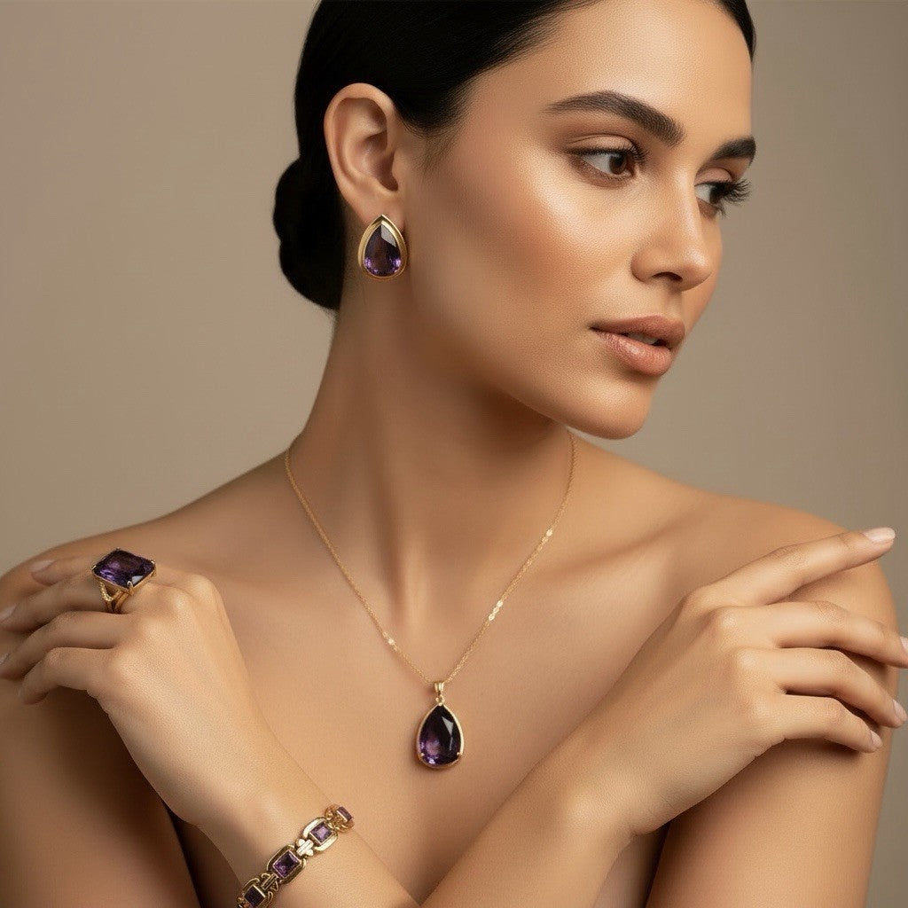 14K Yellow Gold 4 Piece Jewelry Set Bracelet Ring Pendant Earring 70.5G Purple