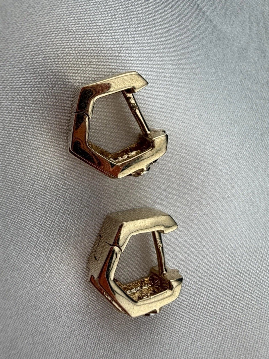 14K Yellow Gold Diamond Geometric Huggie Earrings 5.7 Grams Hinged 13.13x6.59mm