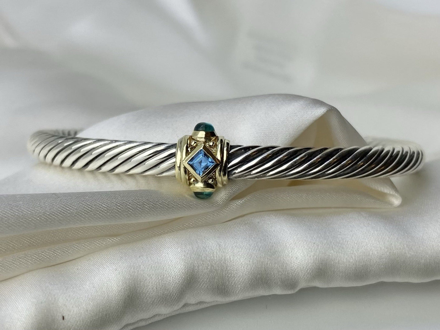 David Yurman Renaissance 5mm Silver Bracelet 14K Gold Topaz & Green Onyx Medium
