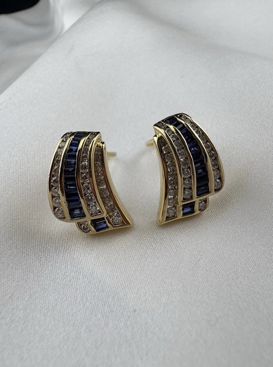 Charles Krypell 18K Yellow Gold Baguette Sapphire & Pave Diamond Earrings 12G