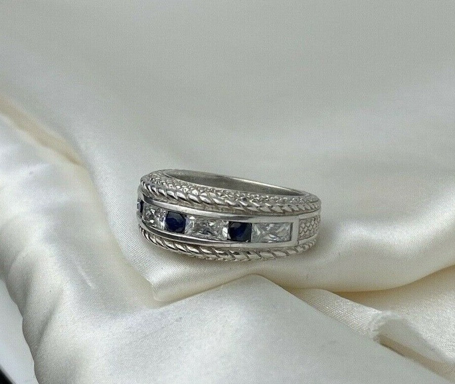 Vintage Judith Ripka 925 Silver Blue Sapphire & Cubic Zirconia 8.5mm Ring Size 7