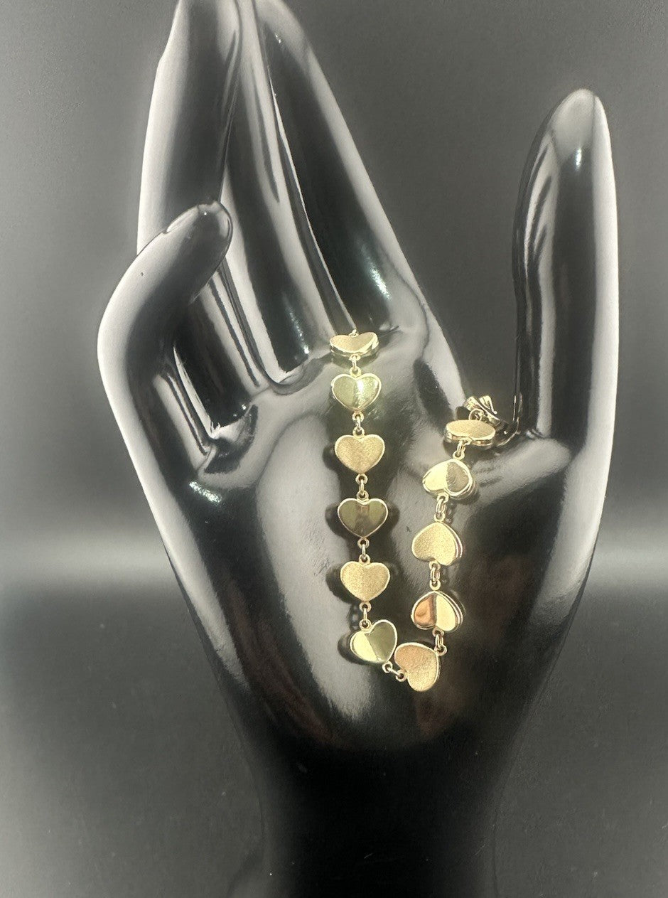 Pulsera de eslabones con dijes de corazones de oro amarillo de 14 quilates, 7,75 pulgadas, 9 mm, 6,3 g, hecha en Turquía