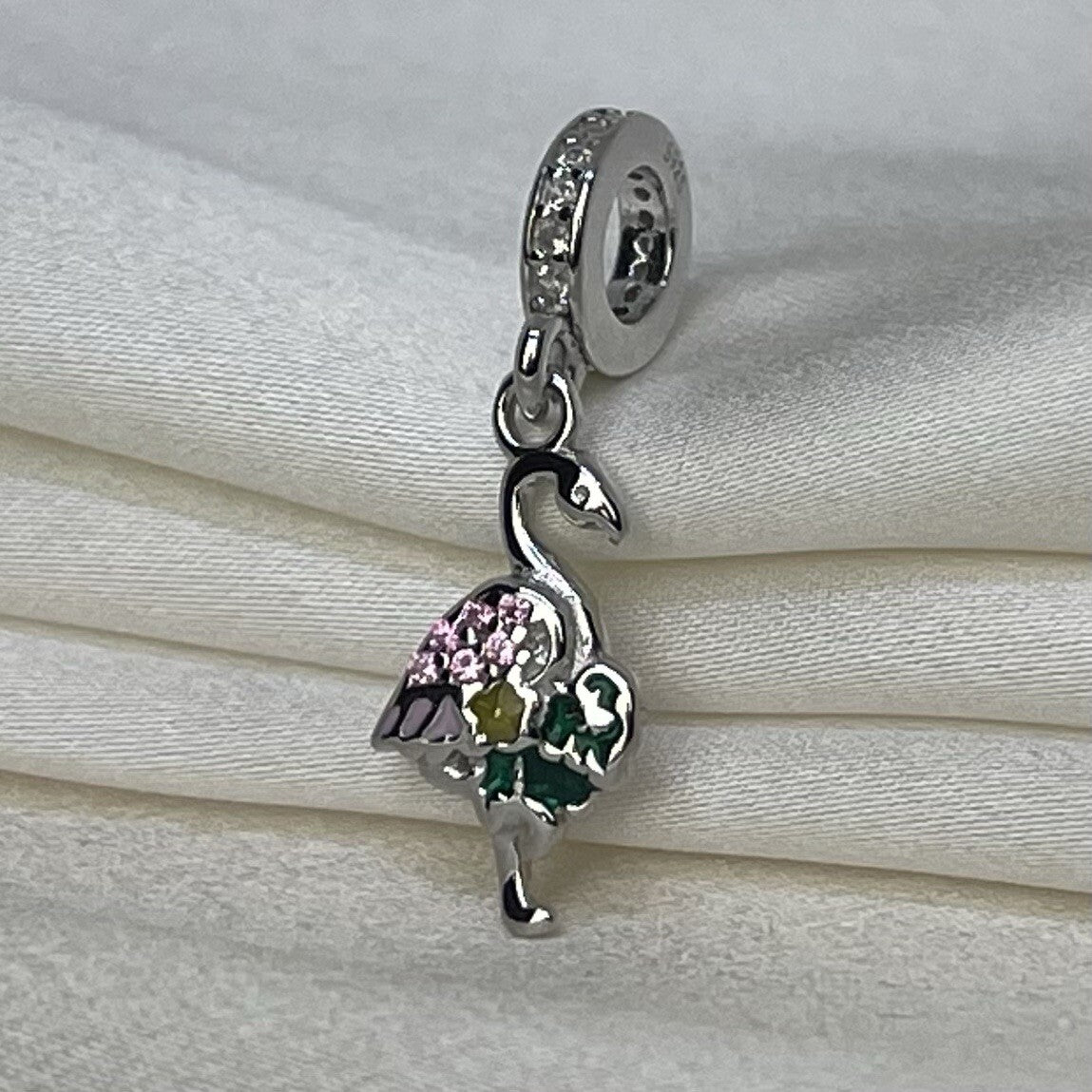 Sterling Silver 925 Multi Color CZ Stones Enamel Vibrant Flamingo Dangle Charm