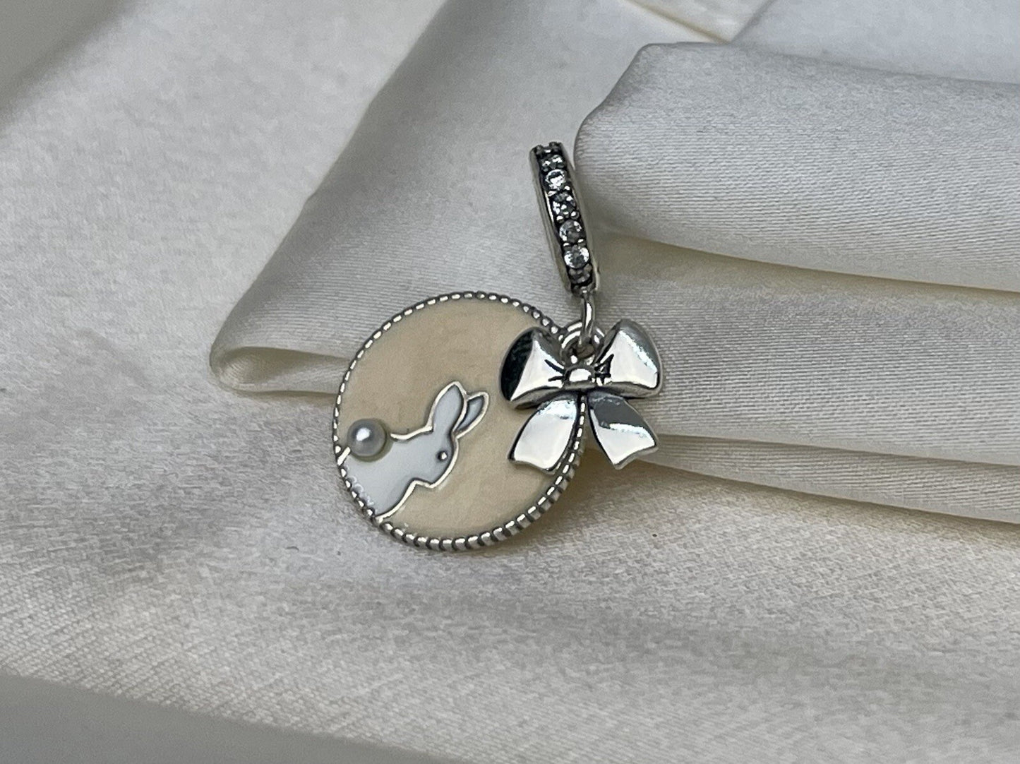 Sterling Silver 925 Enamel Beige Bow Bunny Pearl Cubic Zirconia Dangle Charm