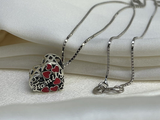 Sterling Silver 925 Love Red & Pink Color Changing Enamel Hearts Family Necklace