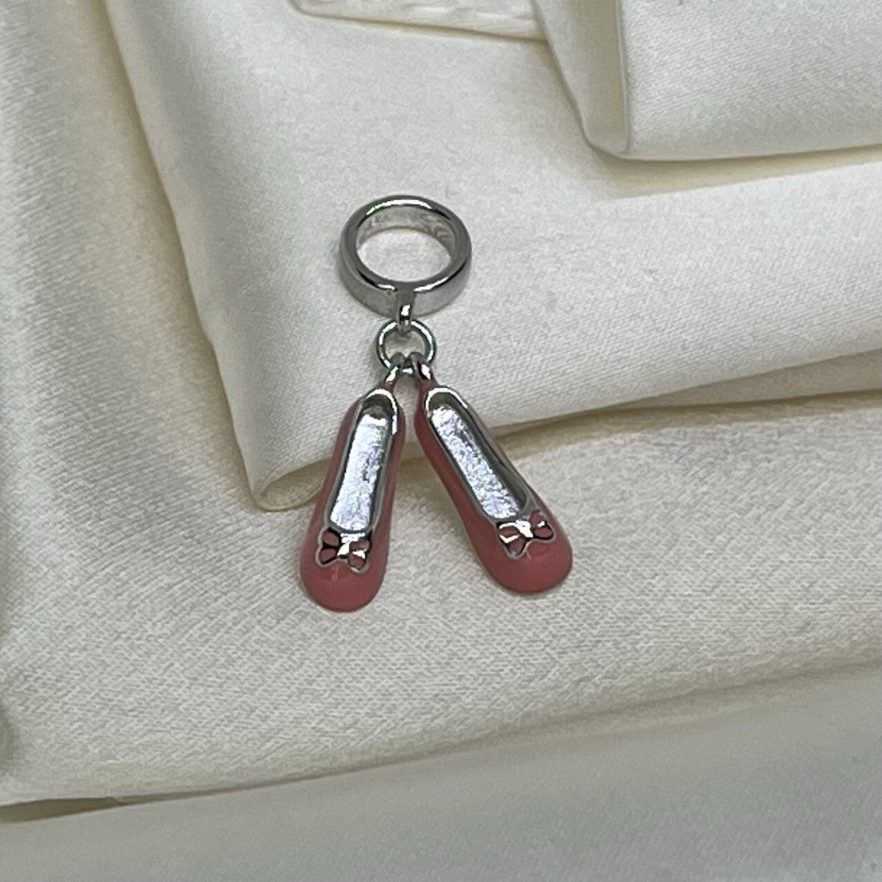 Sterling Silver 925 Cute Enamel Pink Ballet Slipper Ballerina Dance Dangle Charm