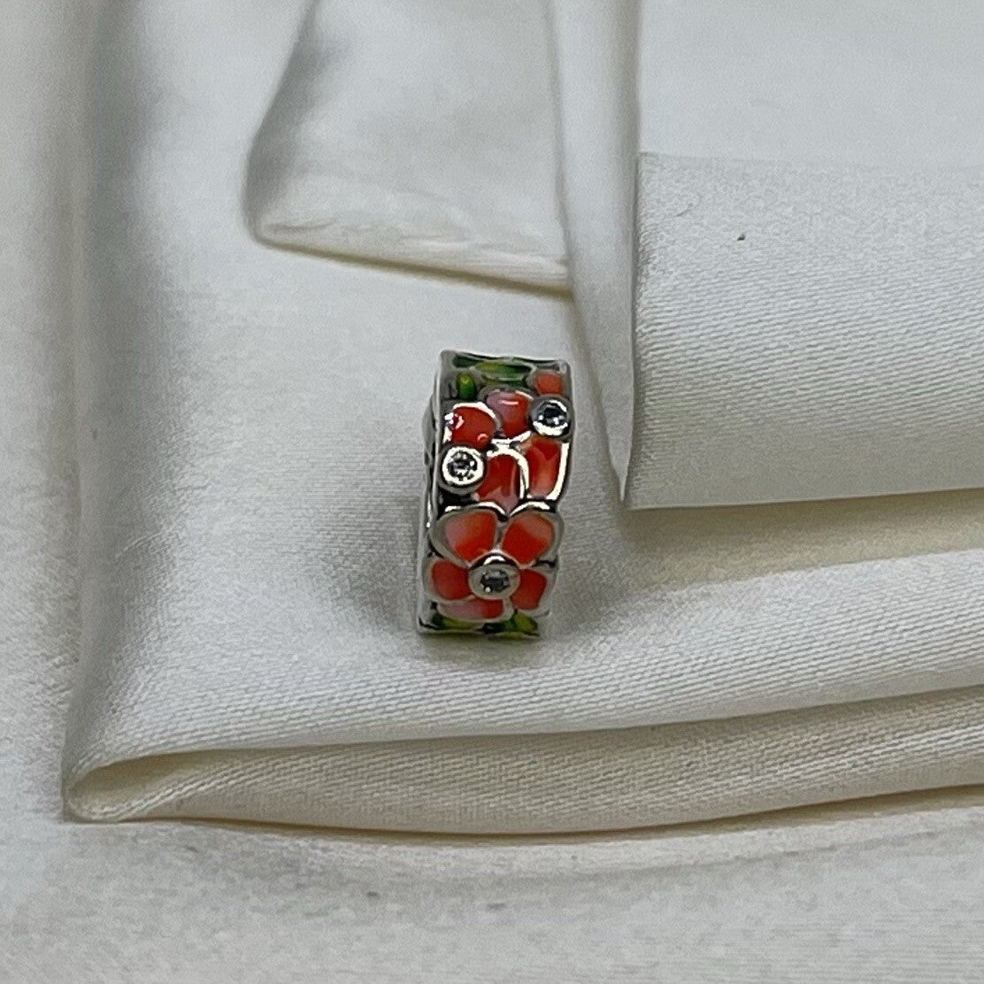 Sterling Silver 925 Enamel Pink Flower Plant with Cubic Zirconia Charm
