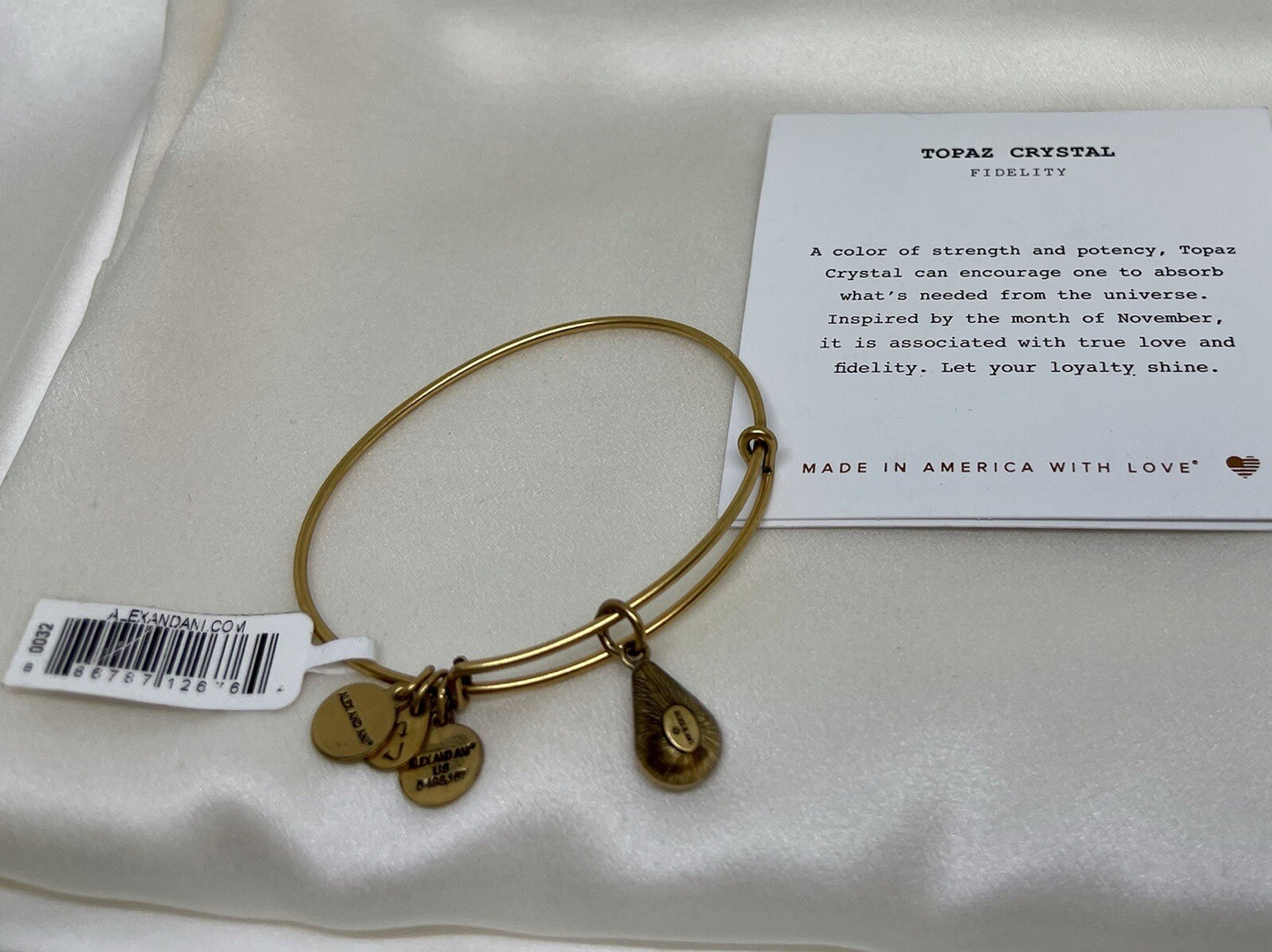Alex and Ani Swarovski Teardrop Topaz Birth Stone Rafaelian Gold Charm Bangle