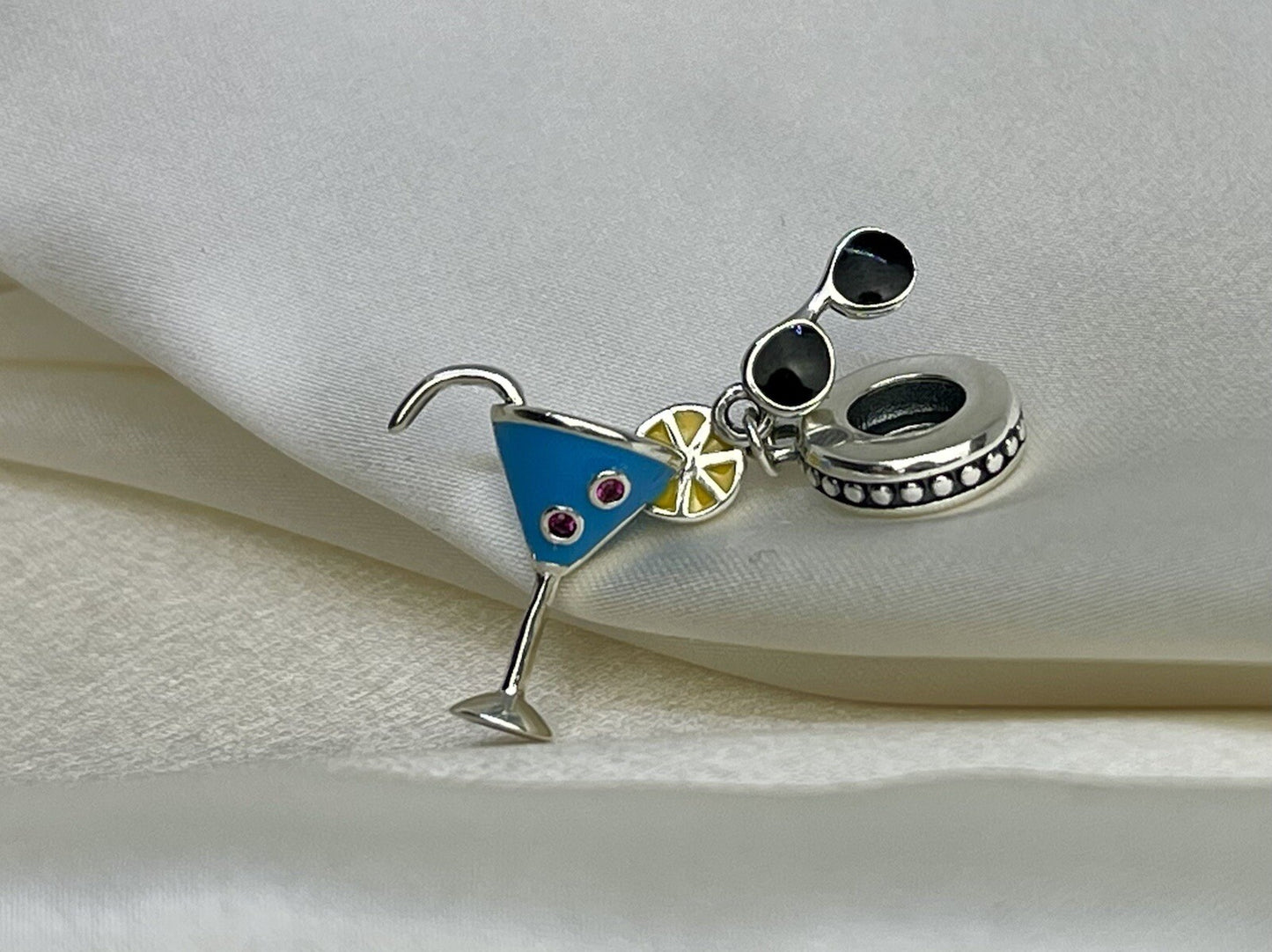 Sterling Silver 925 Summer Cold Drink CZ Stone Enamel Sunglasses Lemon Necklace