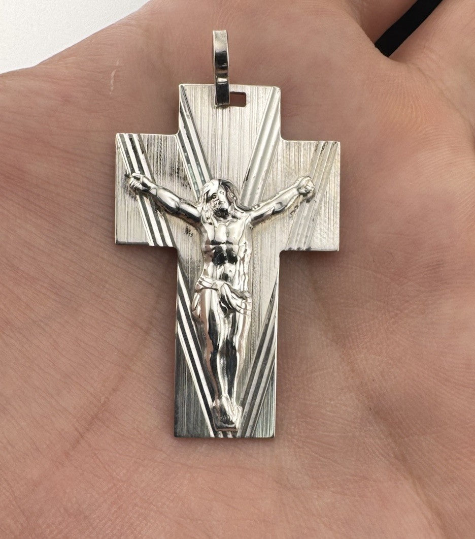 925 Sterling Silver 3D Jesus Textured Cross Pendant 26x41mm 6.8G Italy Religious