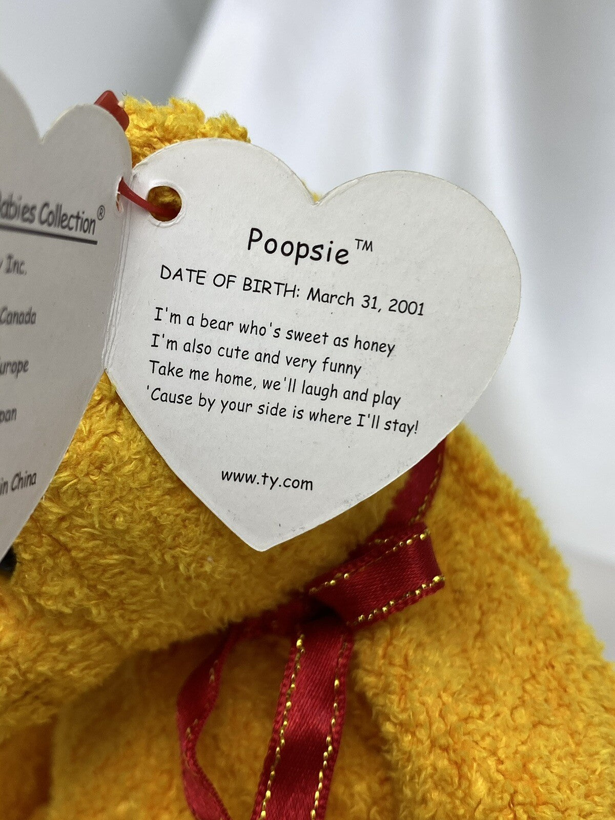 Ty Beanie Baby Poopsie The Yellow Bear Plush W Hang Tag Protector 2001 Retired
