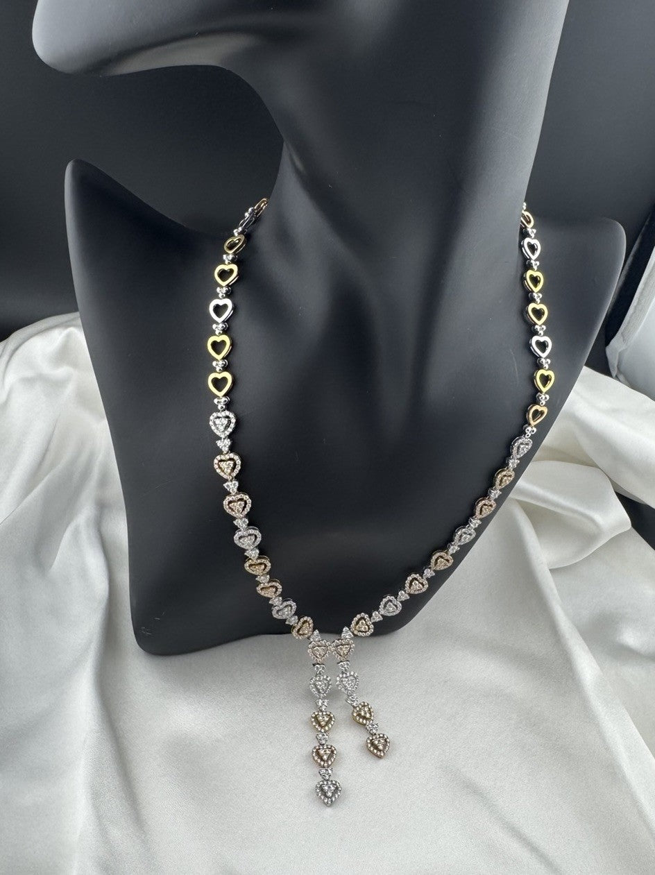 14K Yellow Gold Tri-Tone Heart Necklace Pave Stones 32G 17.25” 8mm Chain
