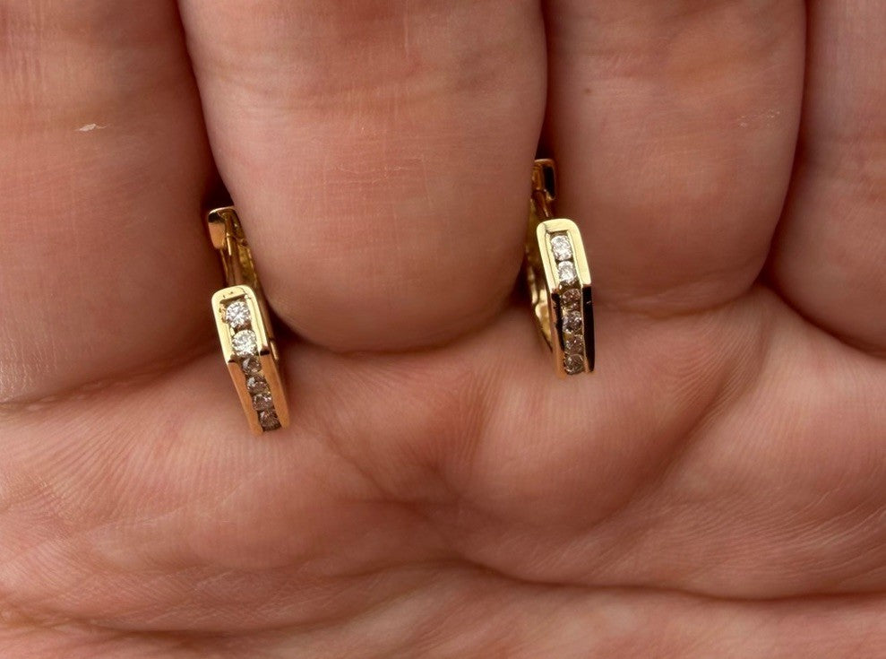 14K Yellow Gold Diamond Geometric Huggie Earrings 2.25 Grams Hinged 13.26x2.47mm