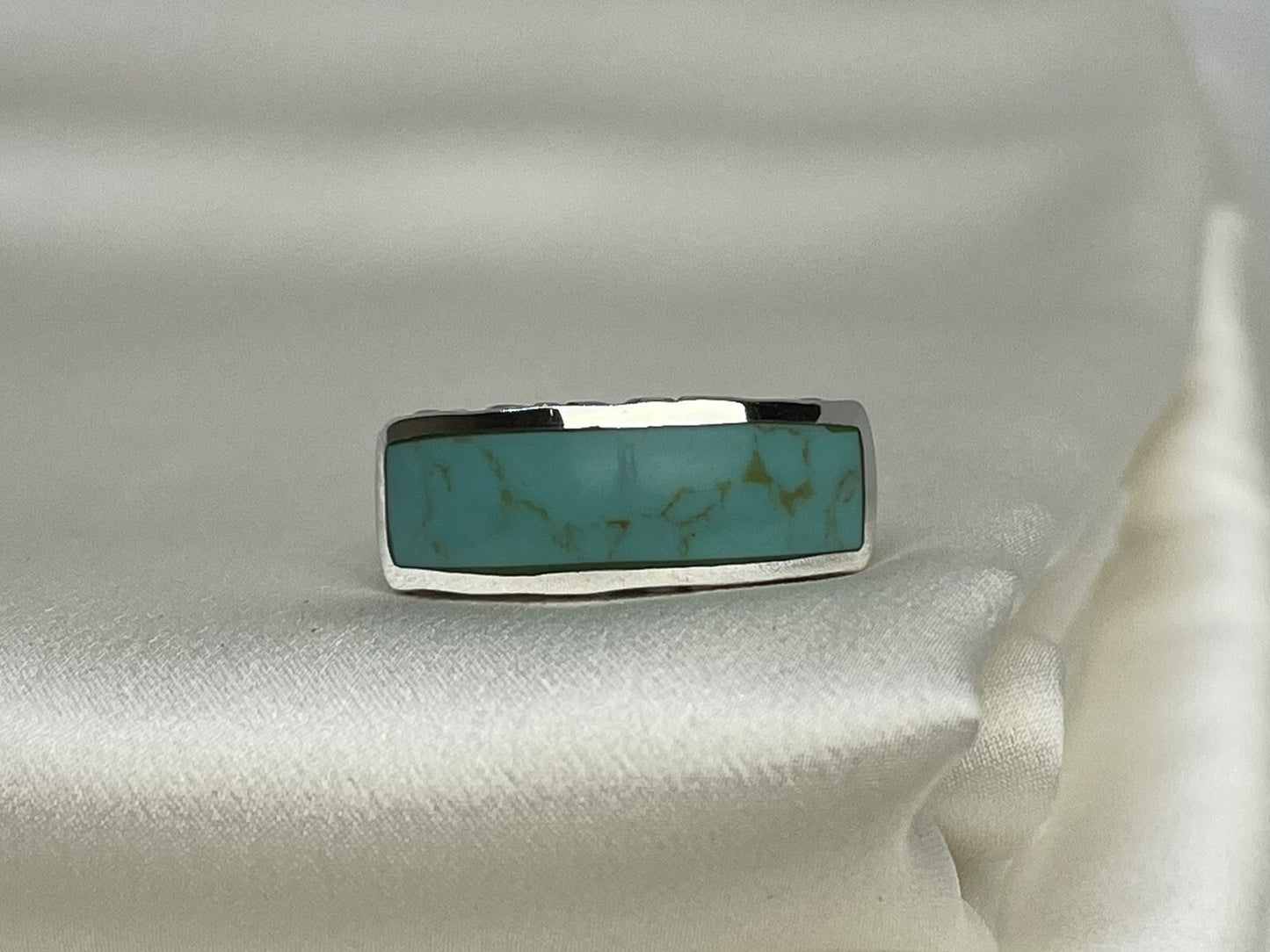 Turquoise Rectangle 9x24mm Sterling Silver 925 Hand Crafted Scroll Ring Sz 6.75