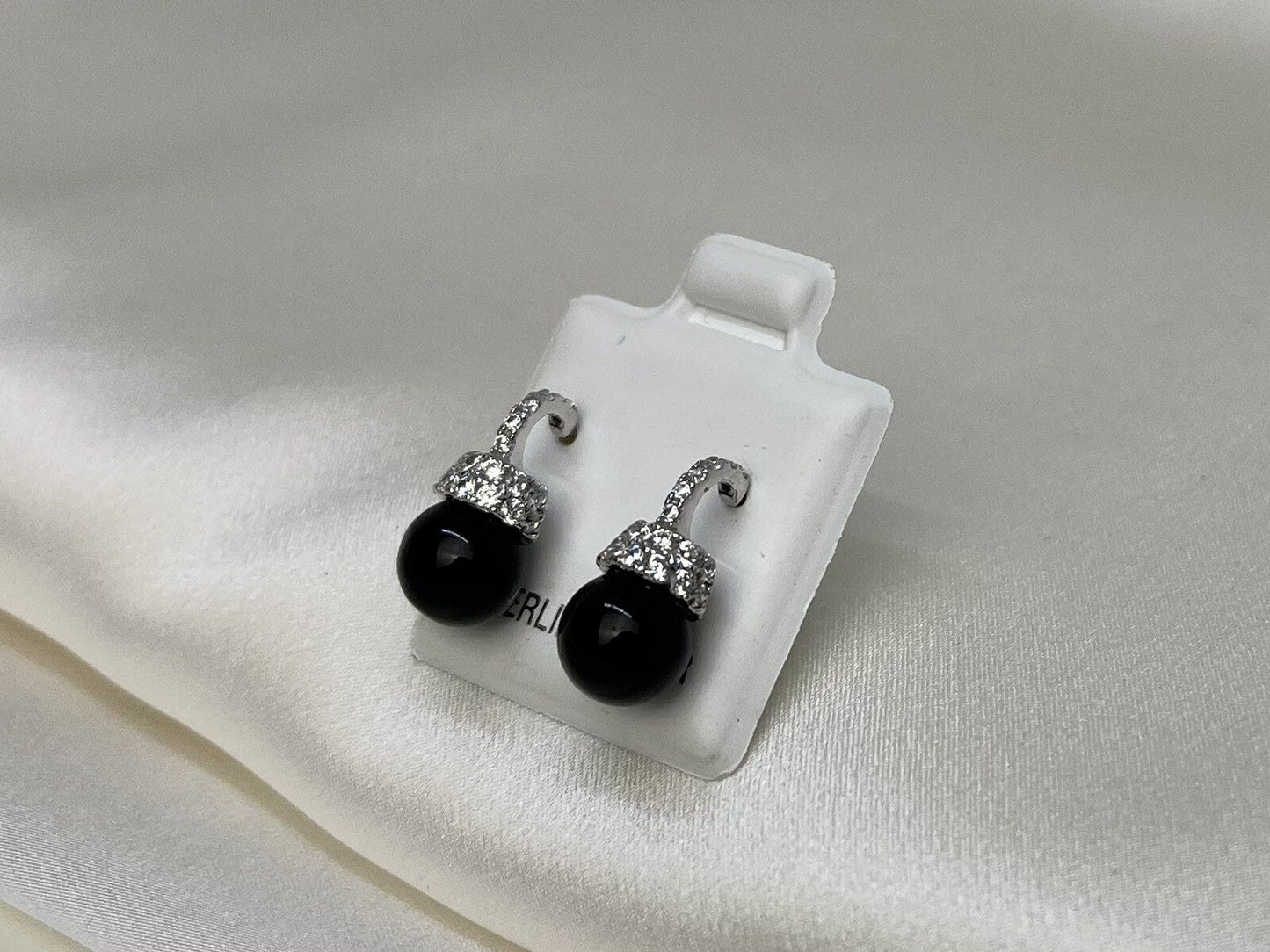 New Sterling Silver 925 7x15mm Black Onyx Dangle Earrings with Cubic Zirconia