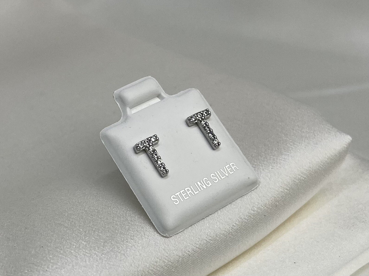 New Sterling Silver 925 8x5mm T Letter Stud Earrings with Cubic Zirconia
