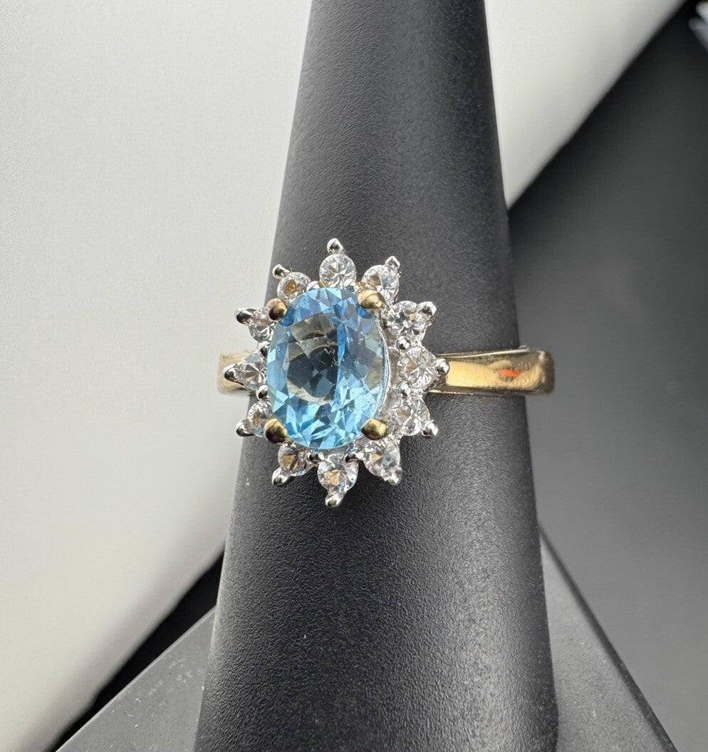 Sterling Silver 925 Blue & White Simulated Diamond Flower Ring, Size 8, 14.15mm