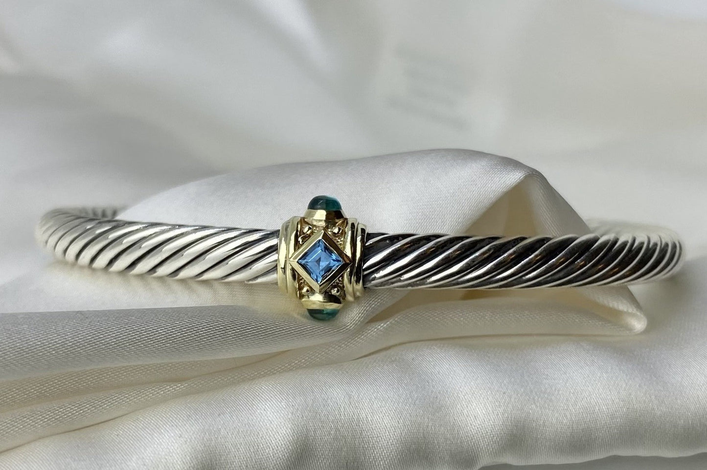 David Yurman Renaissance 5mm Silver Bracelet 14K Gold Topaz & Green Onyx Medium