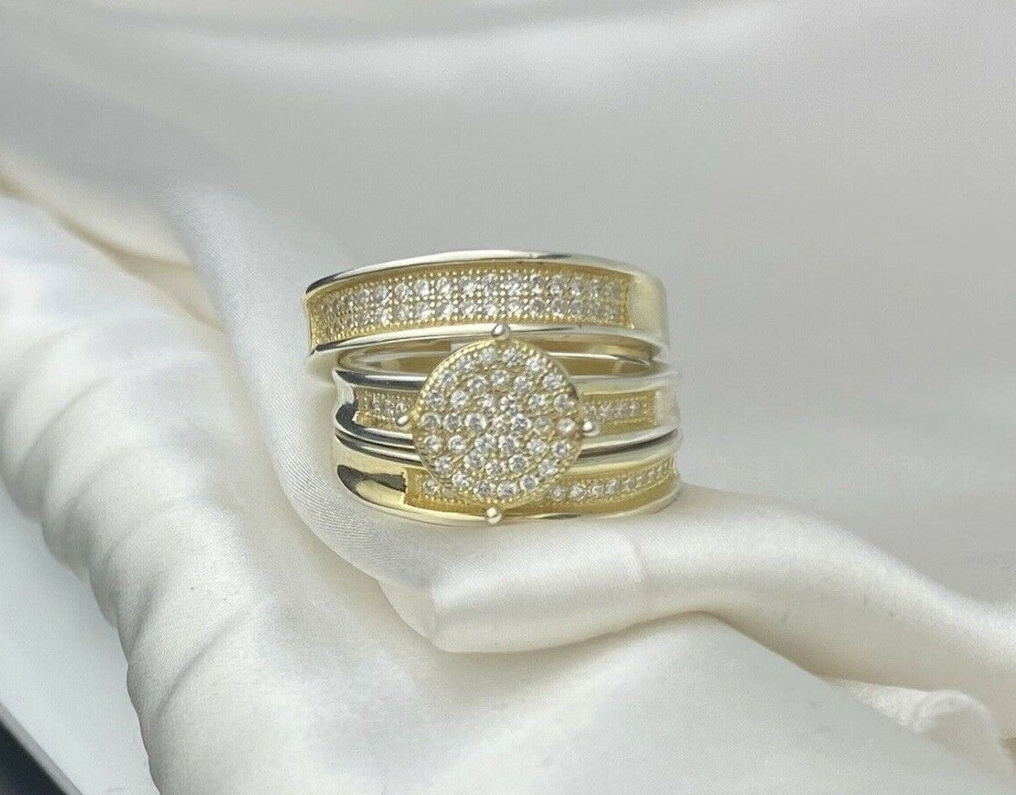 GM Sterling Silver 925 Gold Plated Pave Cubic Zirconia Three Band Ring Size 7