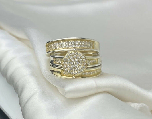 GM Sterling Silver 925 Gold Plated Pave Cubic Zirconia Three Band Ring Size 7