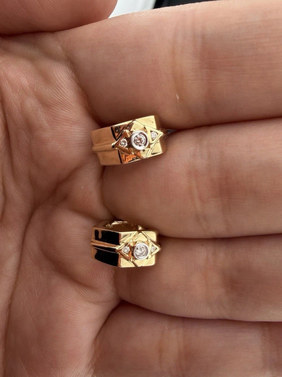 14K Yellow Gold Diamond Geometric Huggie Earrings 5.7 Grams Hinged 13.13x6.59mm