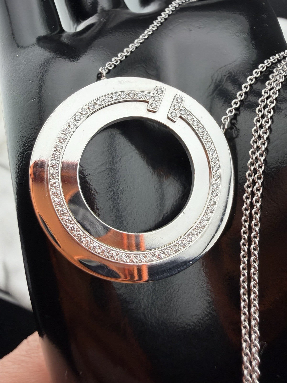 Tiffany & Co. 18k White Gold Diamond T Circle Pendant Necklace Large 30mm 18”