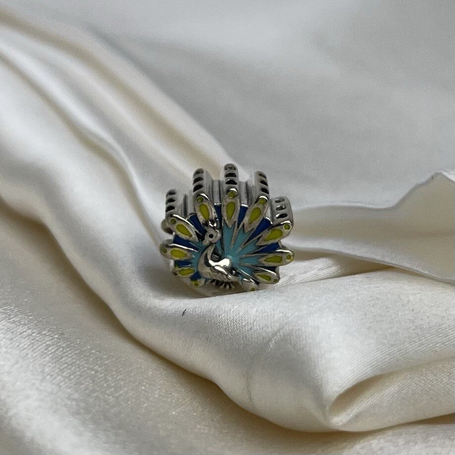 Sterling Silver 925 European Enamel Colorful Vibrtant Peacock, Turkey Charm