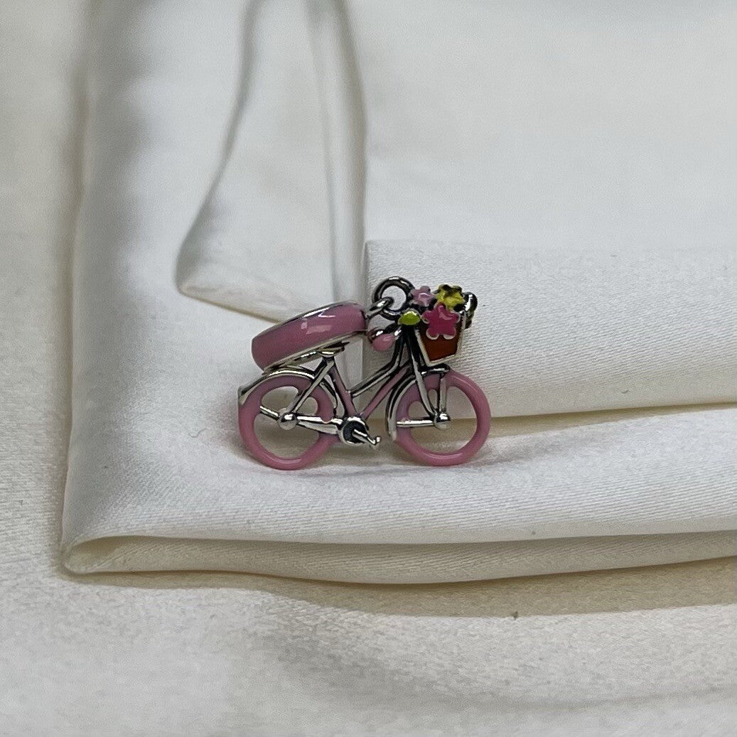 Sterling Silver 925 Enamel Pink Bicycle with Basket & Flowers Dangle Charm Bike