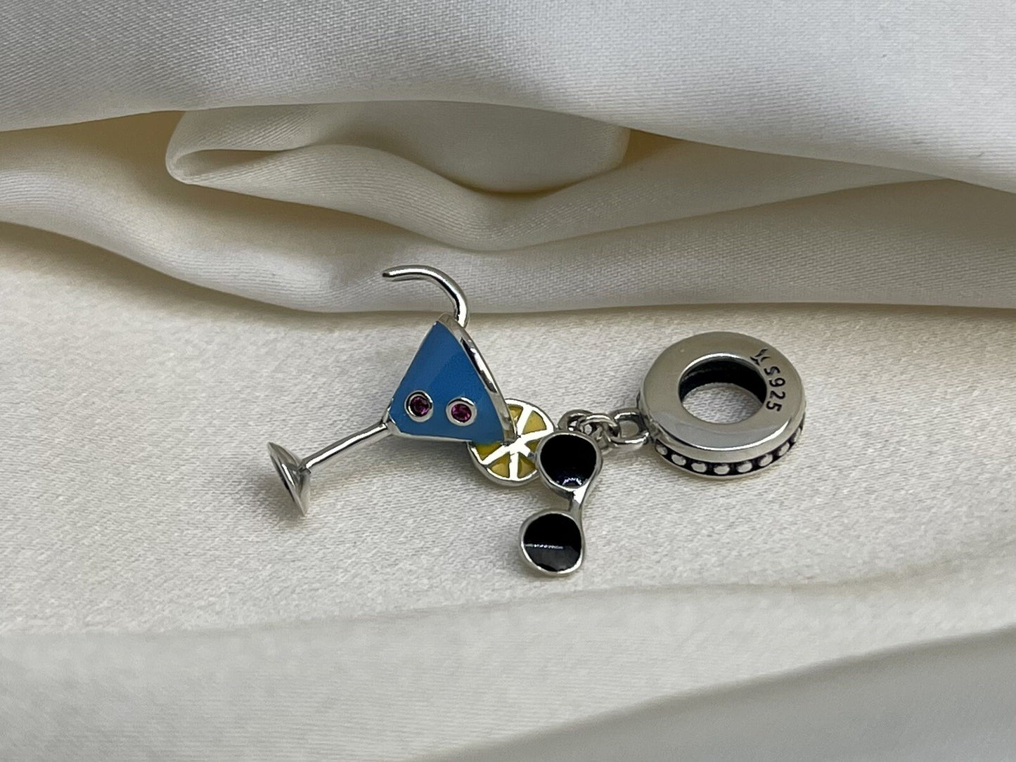 Sterling Silver 925 Charm Summer Cold Drink CZ Stone Enamel Sunglasses Lemon