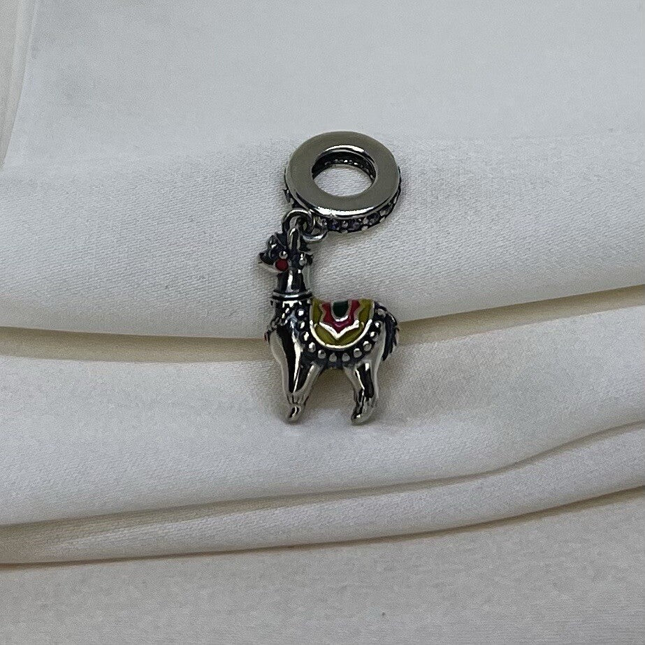 Sterling Silver 925 Enamel Vibrant Happy Festive Llama Animal Charm