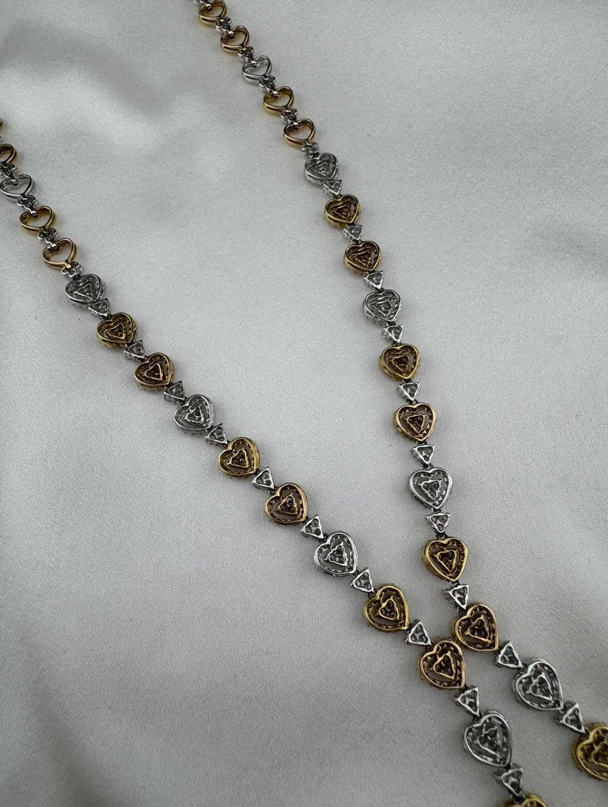 14K Yellow Gold Tri-Tone Heart Necklace Pave Stones 32G 17.25” 8mm Chain
