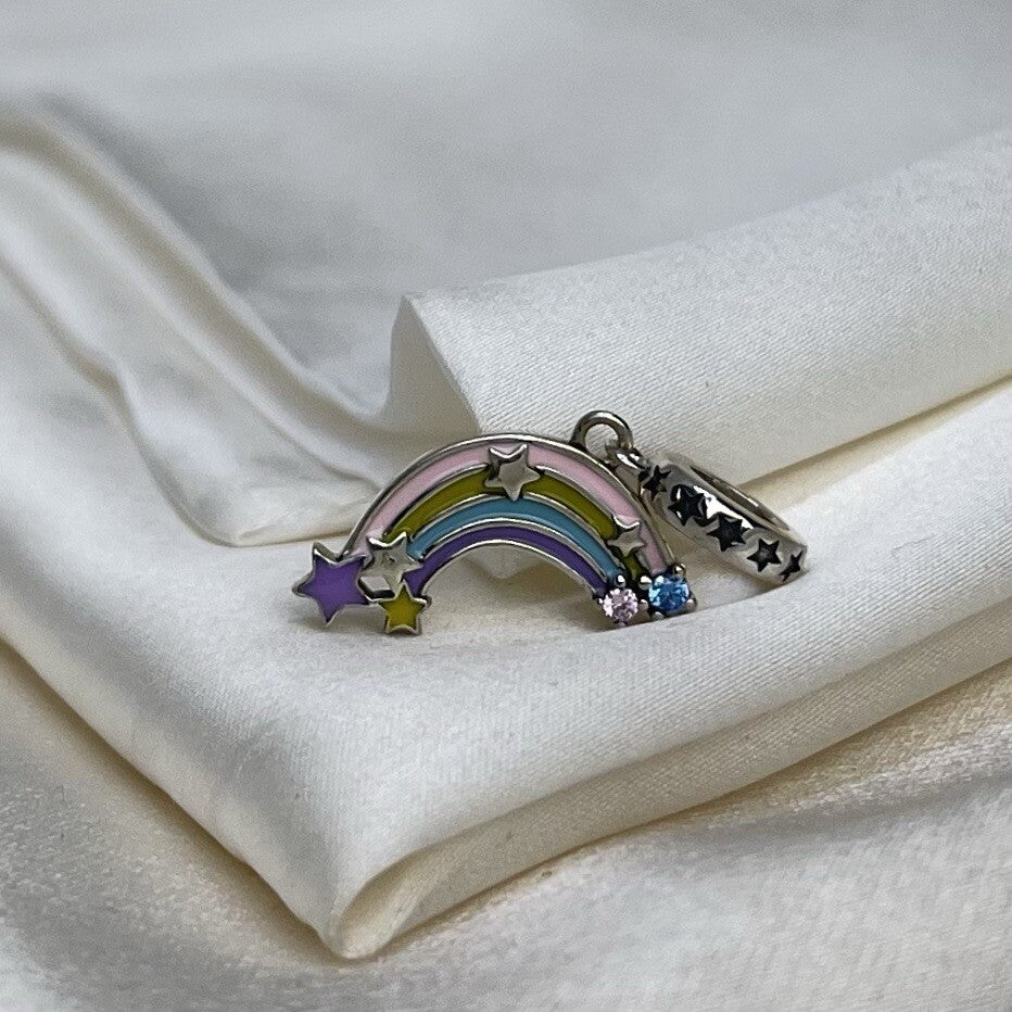 Sterling Silver 925 Cute Enamel Rainbow Stars Pink Blue CZ Stones Dangle Charm