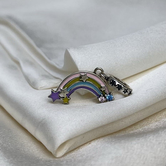 Sterling Silver 925 Cute Enamel Rainbow Stars Pink Blue CZ Stones Dangle Charm