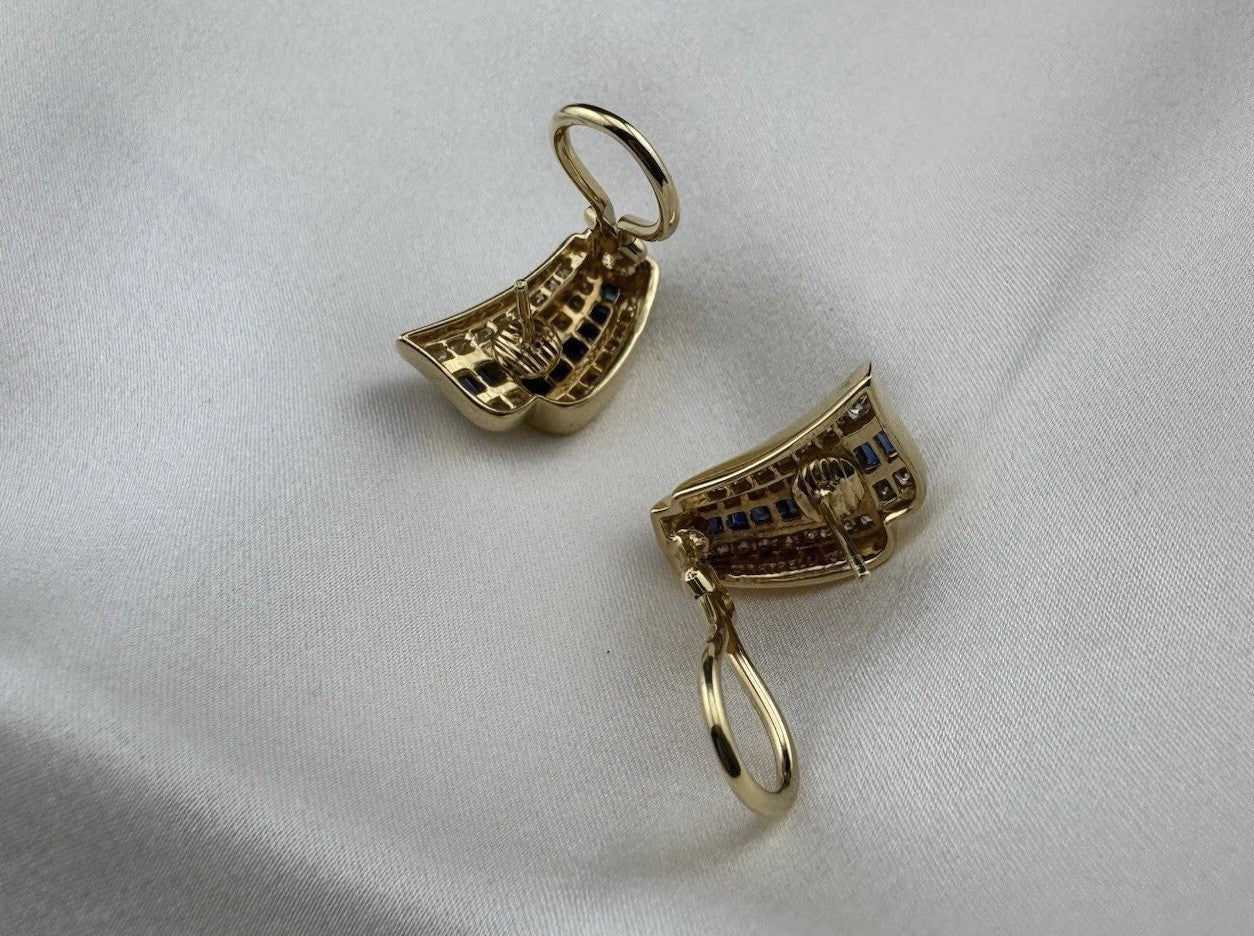 Charles Krypell 18K Yellow Gold Baguette Sapphire & Pave Diamond Earrings 12G