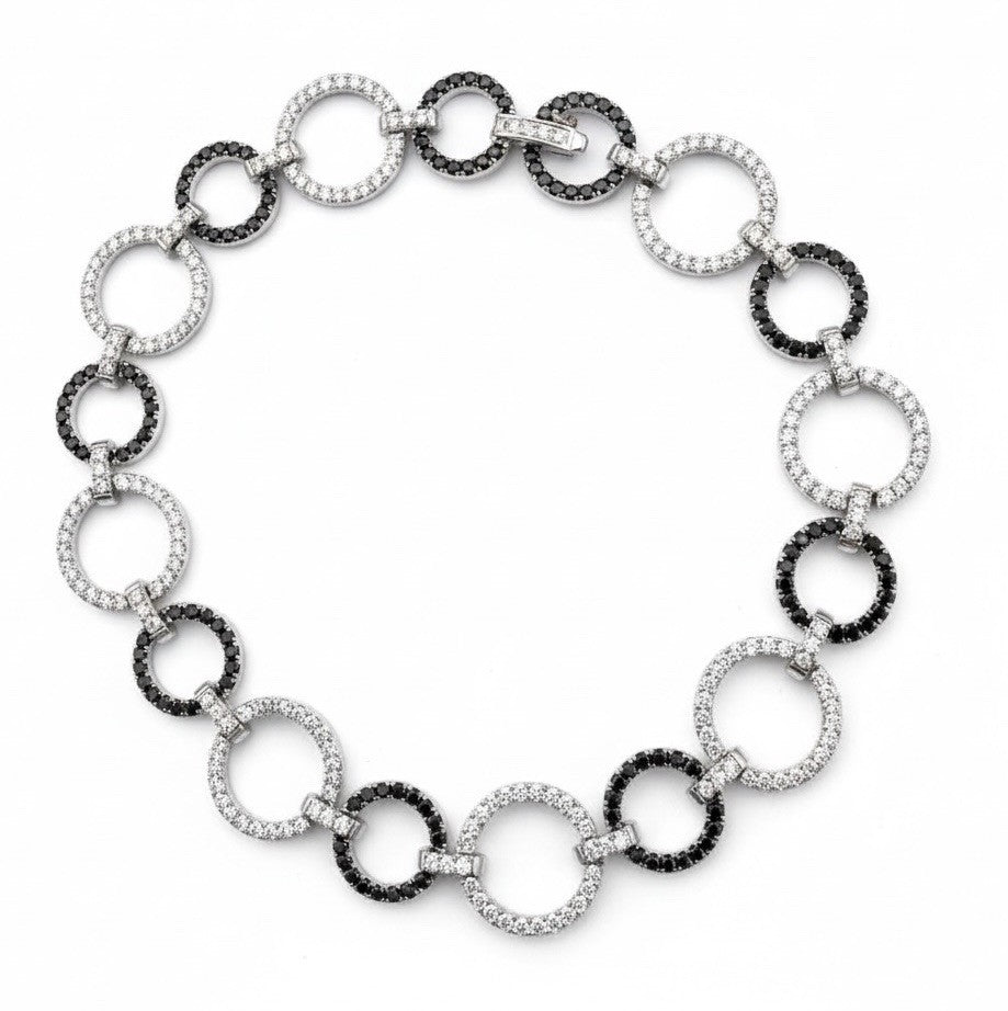 18K White Gold Black & White Diamond Circle Link Tennis Bracelet 10mm 11G Sz 6.7