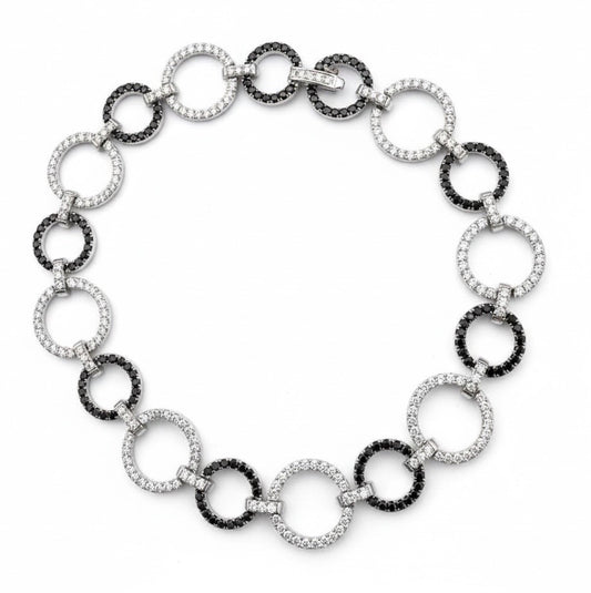 Pulsera de tenis con eslabones circulares de diamantes blancos y negros en oro blanco de 18K, 10 mm, 11 g, talla 6.7