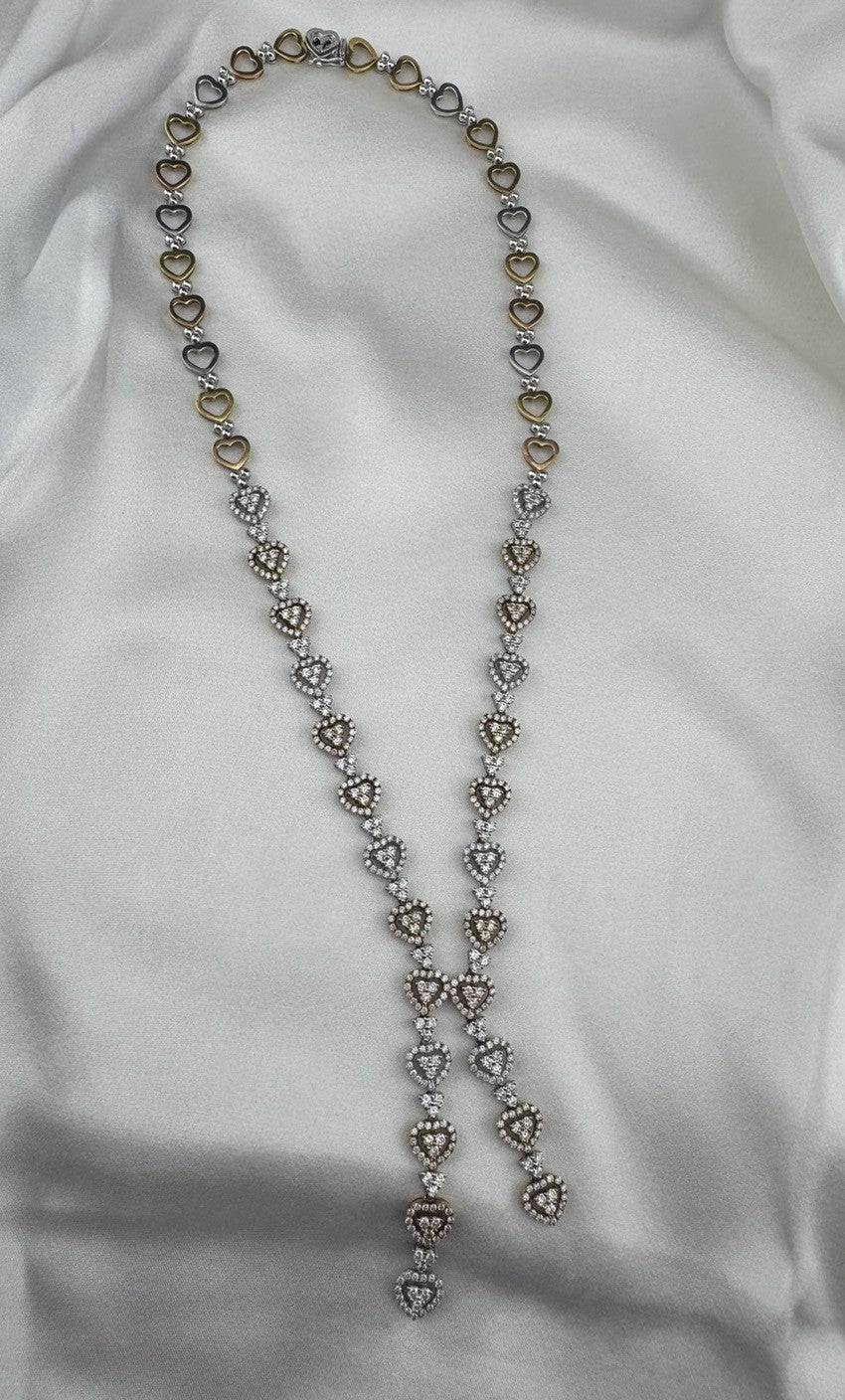 14K Yellow Gold Tri-Tone Heart Necklace Pave Stones 32G 17.25” 8mm Chain