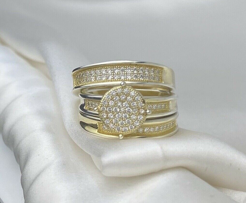 GM Sterling Silver 925 Gold Plated Pave Cubic Zirconia Three Band Ring Size 7